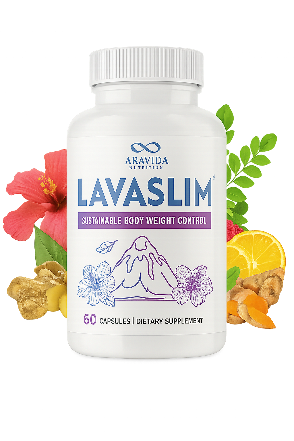 LavaSlim bottle surrounded by hibiscus, ginger, turmeric and citrus
